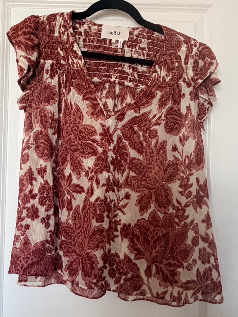 ba&sh Rust Floral V-Neck Flutter Sleeve Blouse